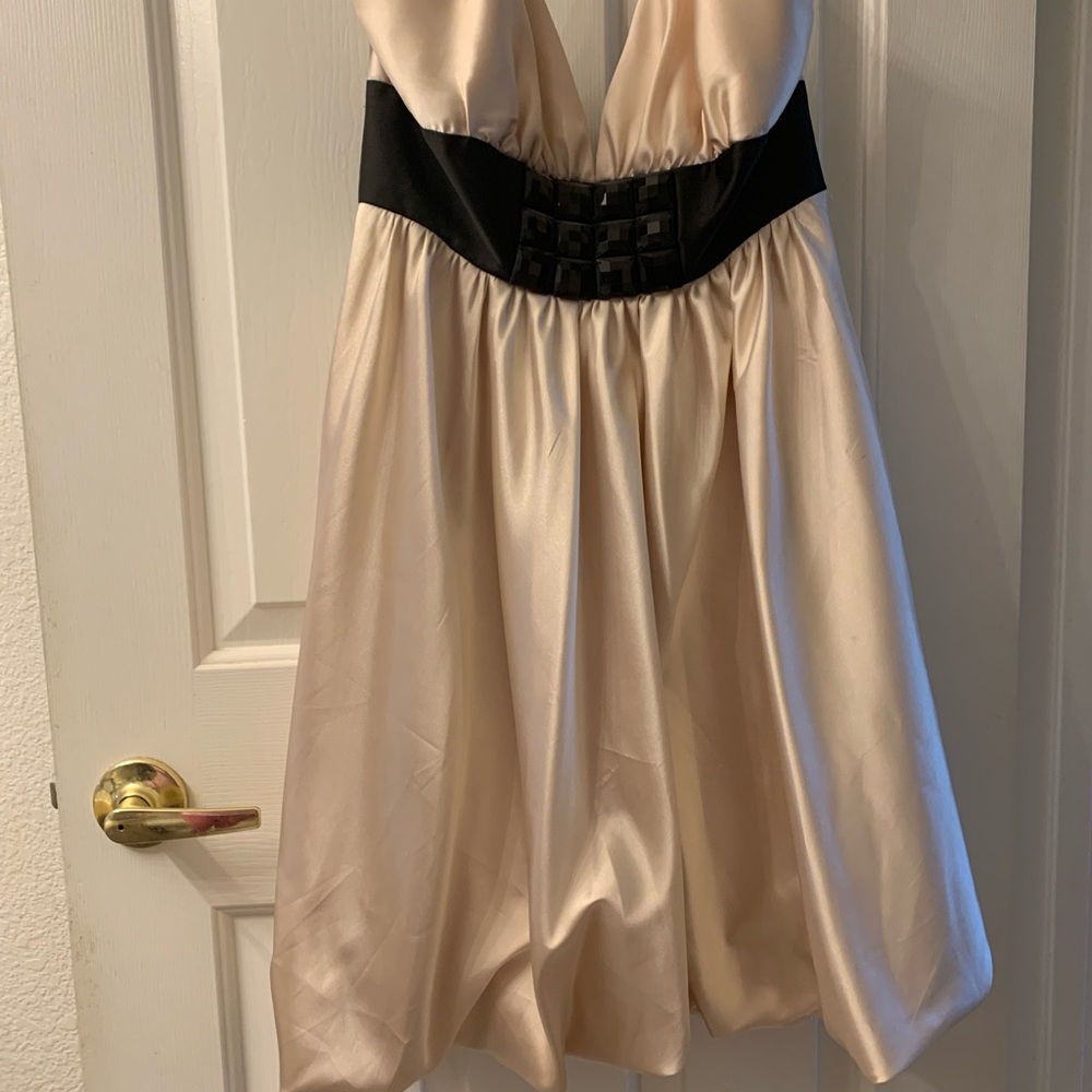 Jessica McClintock Champagne and Black Beaded Sash Dress